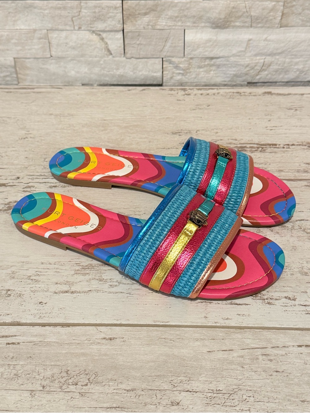 Kurt Geiger SOUTHBANK FLAT SLIDE RAFFIA SANDALS Multicolor New Size 40.5 - 9.5US
